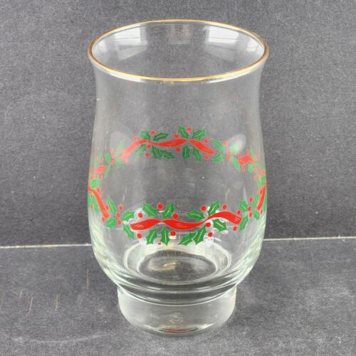 One Libby 14 oz Drink Glass Holly Berry and Red Ribbon Design 3.25" w x 5.25" h