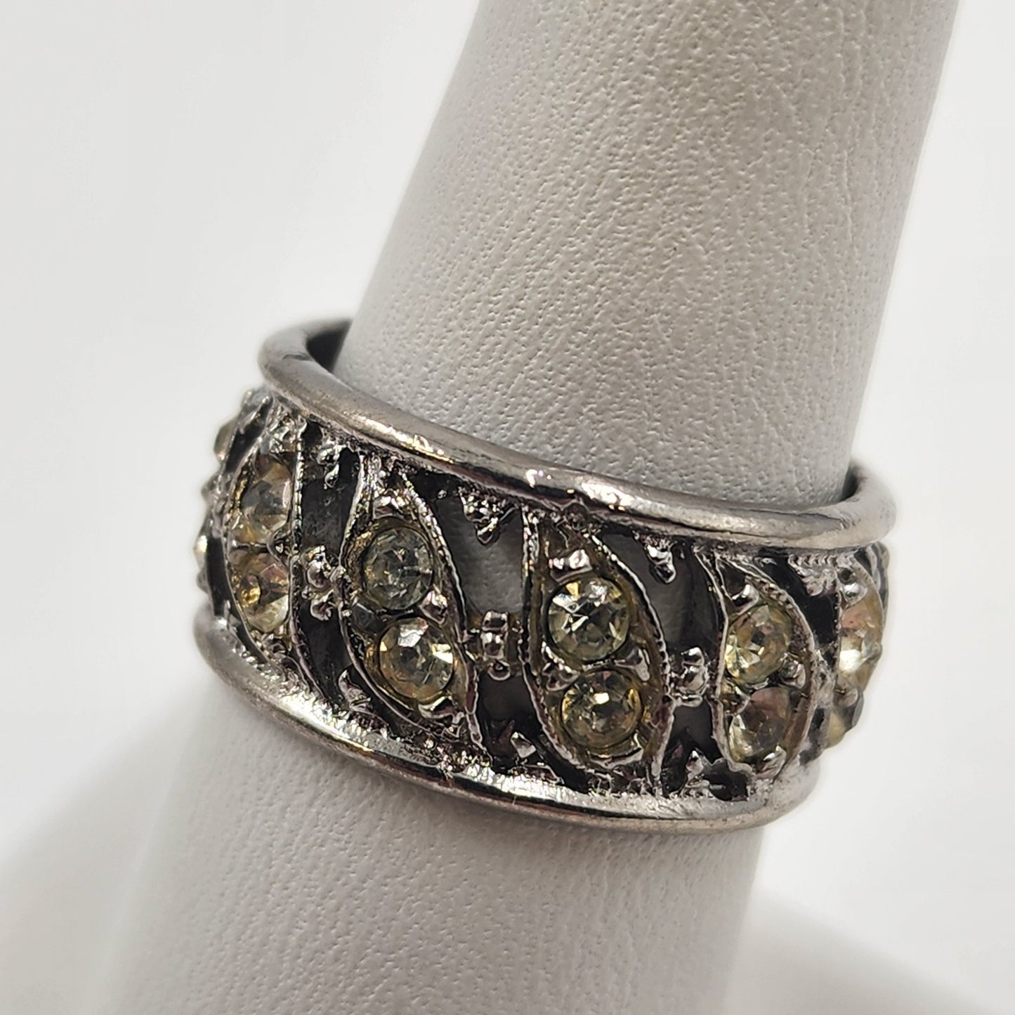 Silver Tone Eternity Ring with Clear Crystal Yellow Rhinestone Size 7 Vintage