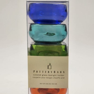 Set of 6 Pottery Barn Colored Glass Tealight Candle Holders in Original Box 7"