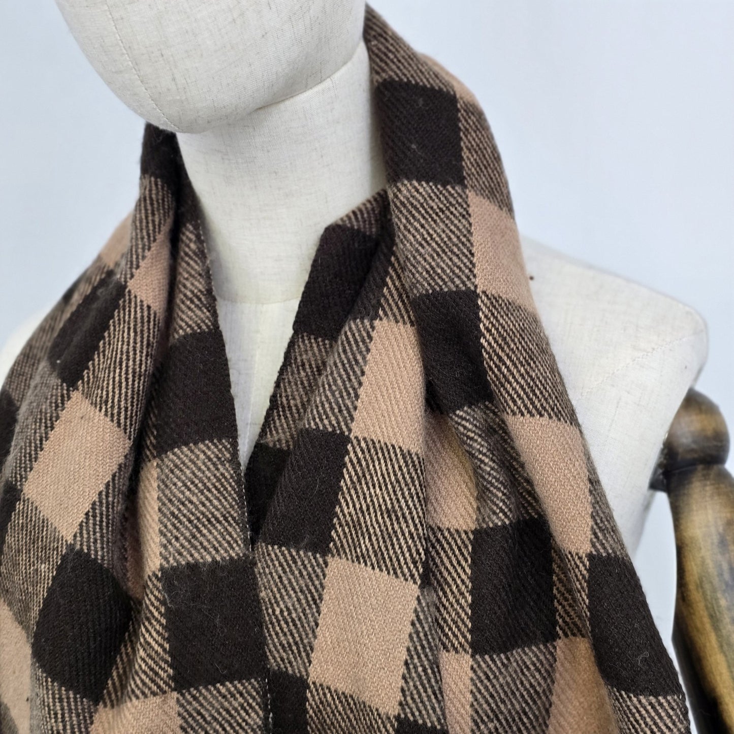 Checkered Plaid Brown Black Rectangle Neck Warmer Scarf Shawl w/ Fringe 72"x14"