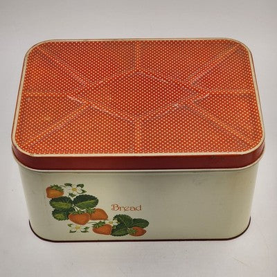 Cheinco Metal Tin Bread Box 13.5x9.5x8"h Strawberries & Leaf Red Lid Vintage MCM