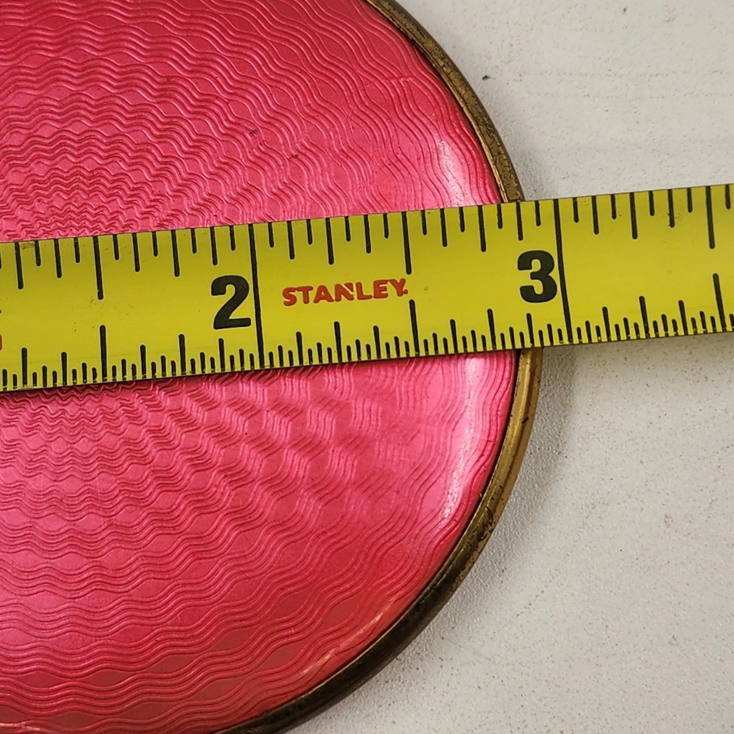 Guilloche Enamel Compact Hot Pink Red Mirror Brass Rim West Germany