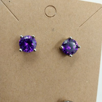 Set of 2 Stud Earrings Silver Tone with Purple and Blue Rhinestones
