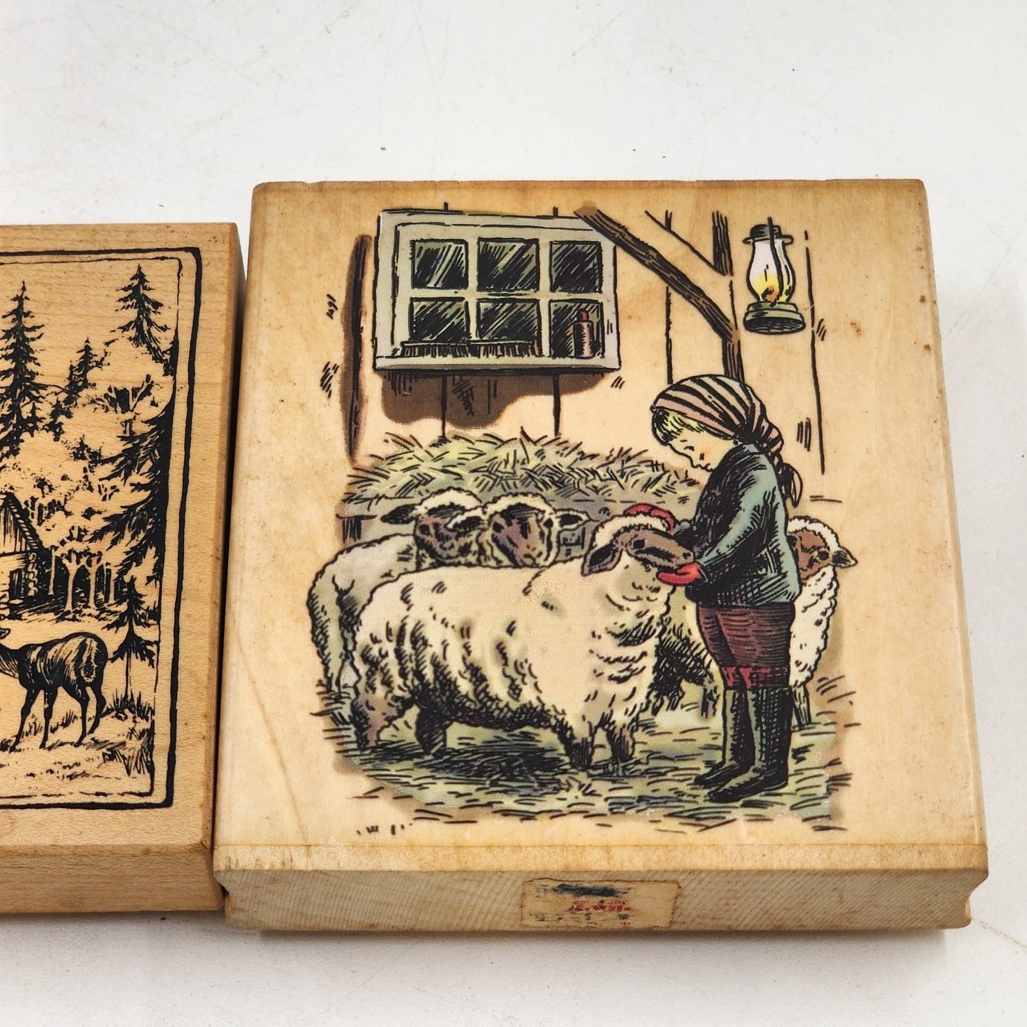2 Wood Mounted Rubber Stamps Mountain Landscape & Barnyard Sheep Scene USA