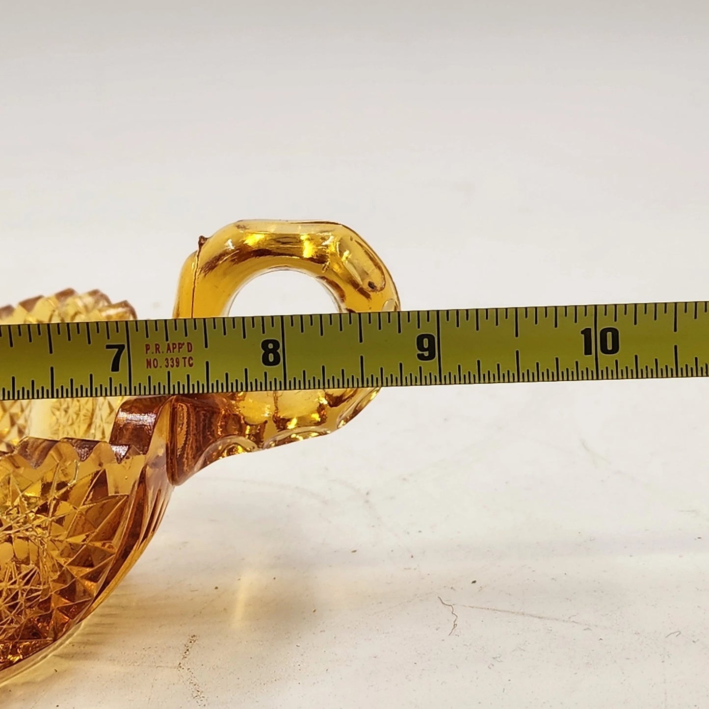 Amberina Cut Glass Nappy Bowl Hobstar Pattern 2 Handles Sawtooth Edge 8.75"