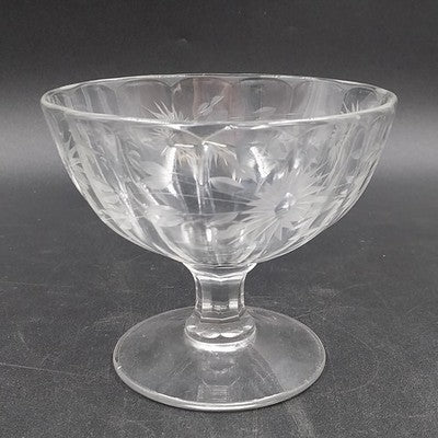 Candy Dish Etched Cut Compote Sunburst Floral Clear Glass Footed 5.25"x4.5"