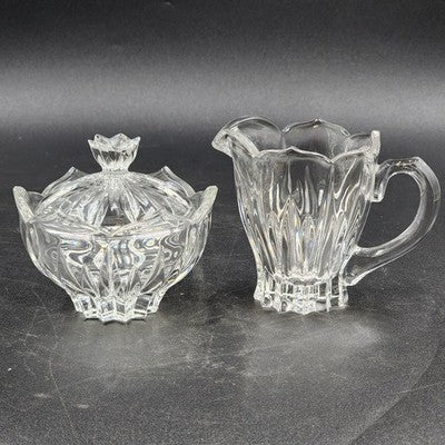 Gorham Crystal Lotus Pattern Creamer & Sugar Bowl with Lid Vtg Glass Set Germany