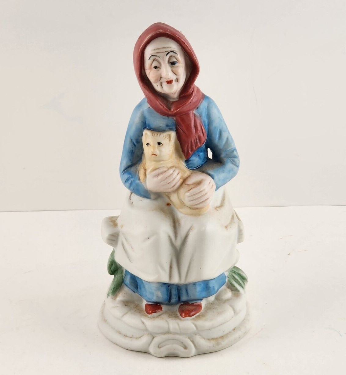 Arnart Porcelain Elderly Lady with Cat on a Bench Figurine 6"h Vintage 1950's