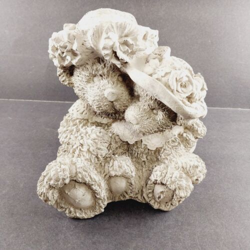 Mother and Baby Bears Wearing Hats Scarves Cuddling Concrete Sculpture 7"x7"x6"
