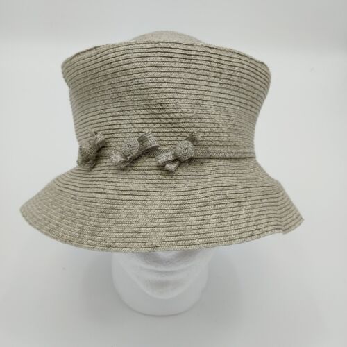 Deborah Rhodes Brimmed Hat Gray Straw Weave Bows Buttons 2.5" Women Medium