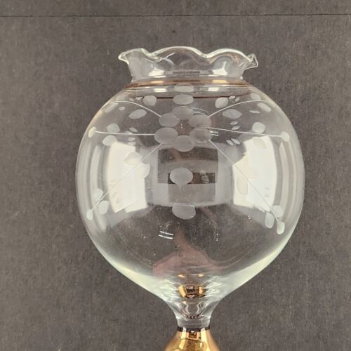 Clear Globe Vase Floral Etched Glass Pedestal Scalloped Gold Trim Vintage 8"
