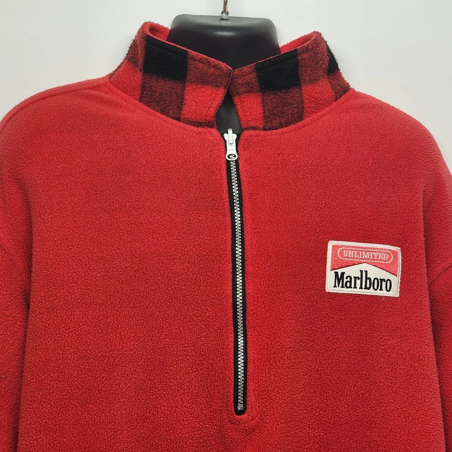 Marlboro Reversible Fleece Pullover Red & Black Plaid Men’s XL Half Zip 90s