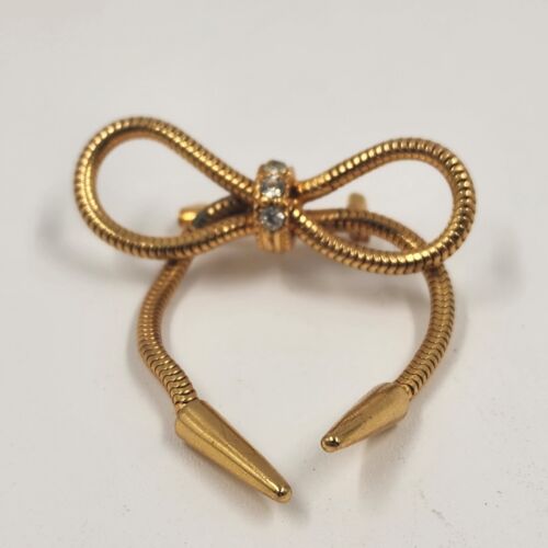 Gold Tone Mesh Rope Bow Brooch with Rhinestones & Tassels 1.5" Wide Vintage