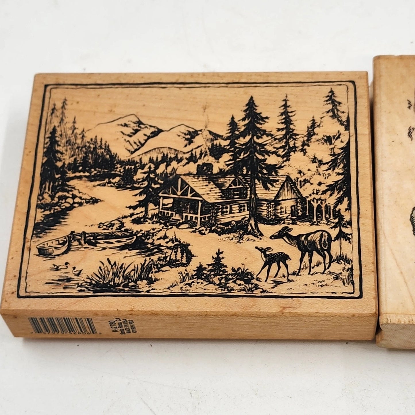 2 Wood Mounted Rubber Stamps Mountain Landscape & Barnyard Sheep Scene USA