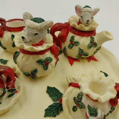 Youngs Inc Mini Tea Set 1995 Christmas Red Ribbons Holly 6" Collectible