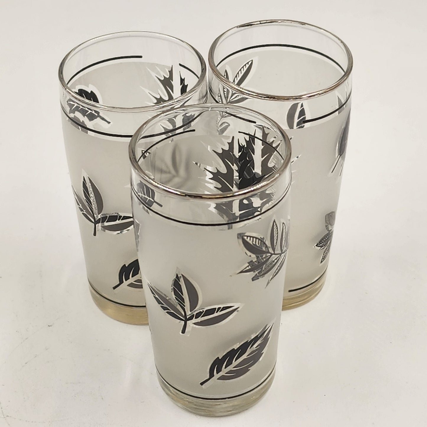 Set of 3 Libbey Frosted Silver Leaf Glasses Small Collins 4"x2" VTG