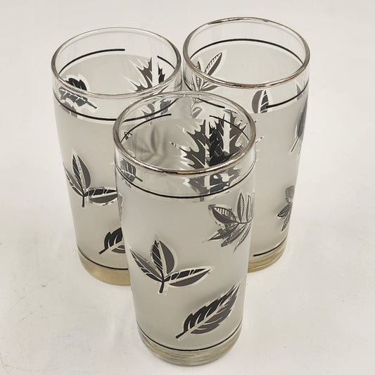 Set of 3 Libbey Frosted Silver Leaf Glasses Small Collins 4"x2" VTG