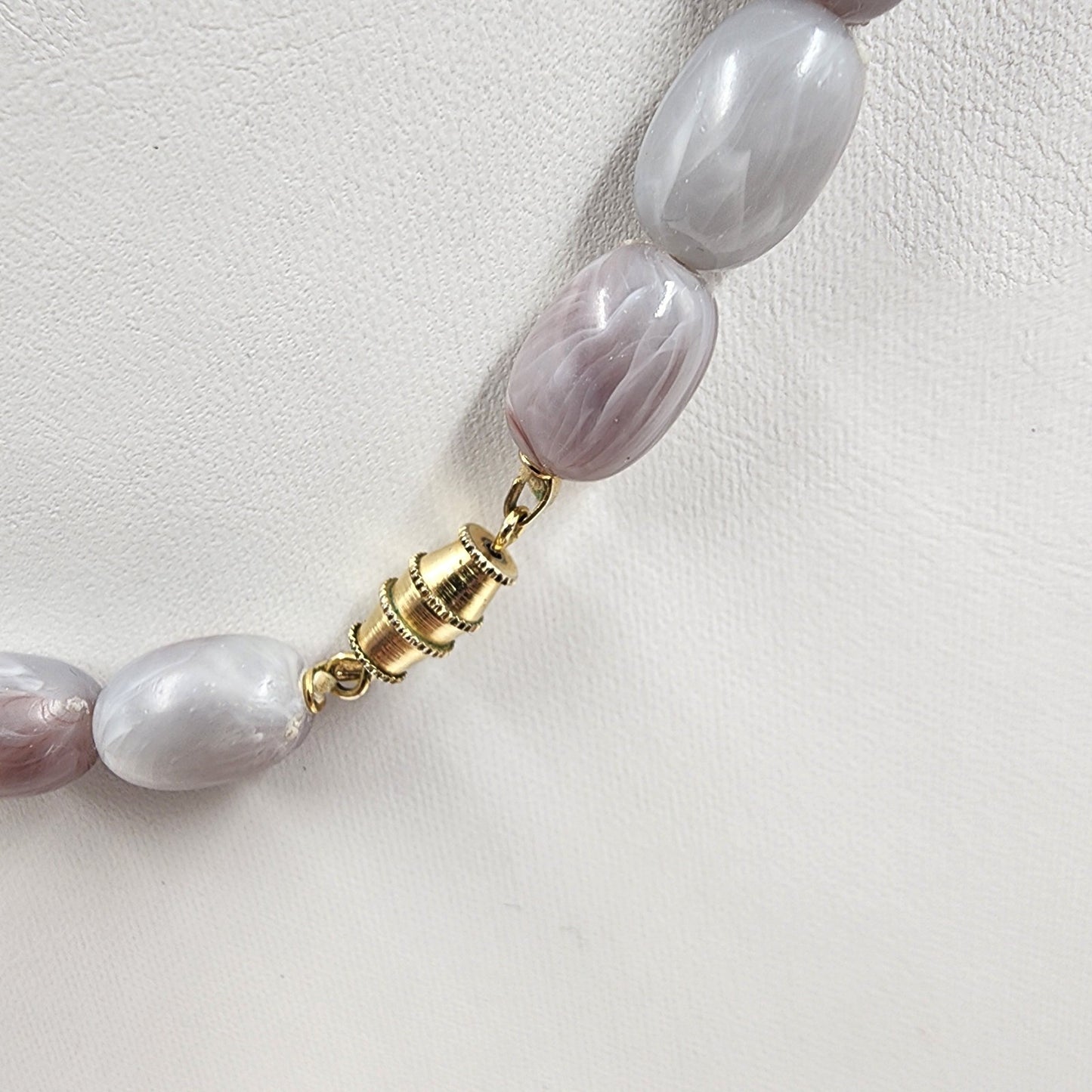 Gray Lavender Polish Marbled Agate Faux Pearl Beads Long Statement Necklace 12"