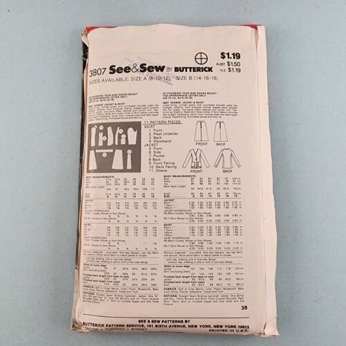 See & Sew 3807 Vintage 70s Sewing Pattern Misses Jacket & Skirt Size B 14-18