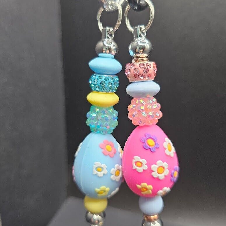 2 Key Ring Bag Charm Easter Egg Duck Bunny Beaded D Ring Handmade Gift Clip Gift