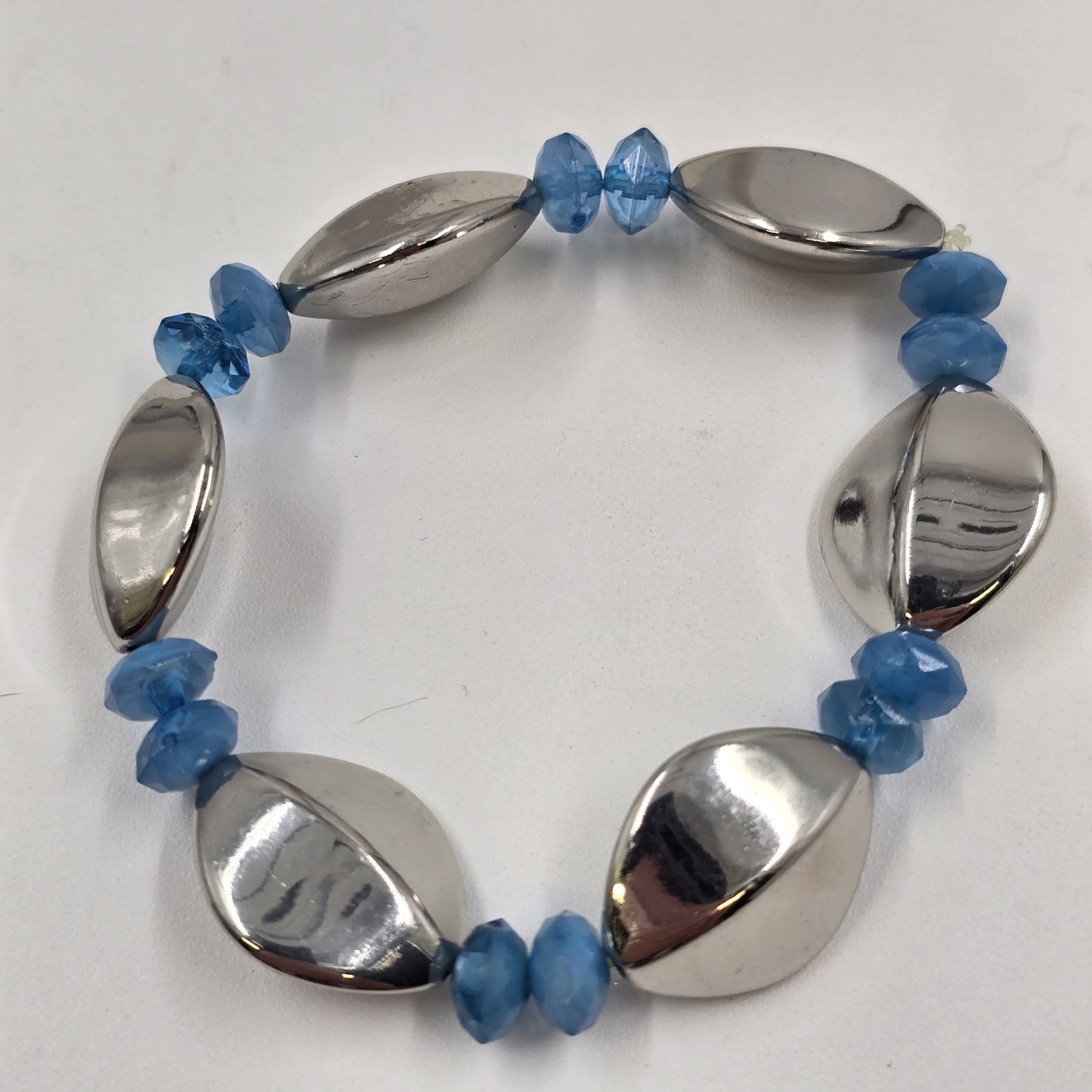 2 Stretch Bracelets Blue Silver Tone Clear Chunky Beads Fashion Jewelry 6.5-7"