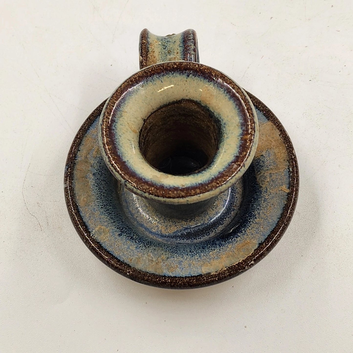 Doug Sassi Signed Pottery Candle Holder Vintage Blue Brown Handcrafted 4" x 2.5"