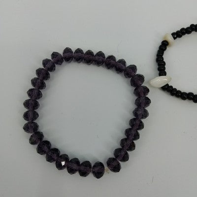 Set of 2 Stretch Bracelets Black Faceted & Black White Faux Pearl Acrylic Beads