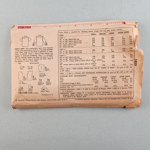 Simplicity 1025 Vintage Men's 1950's Shirt Sewing Printed Pattern Size Small