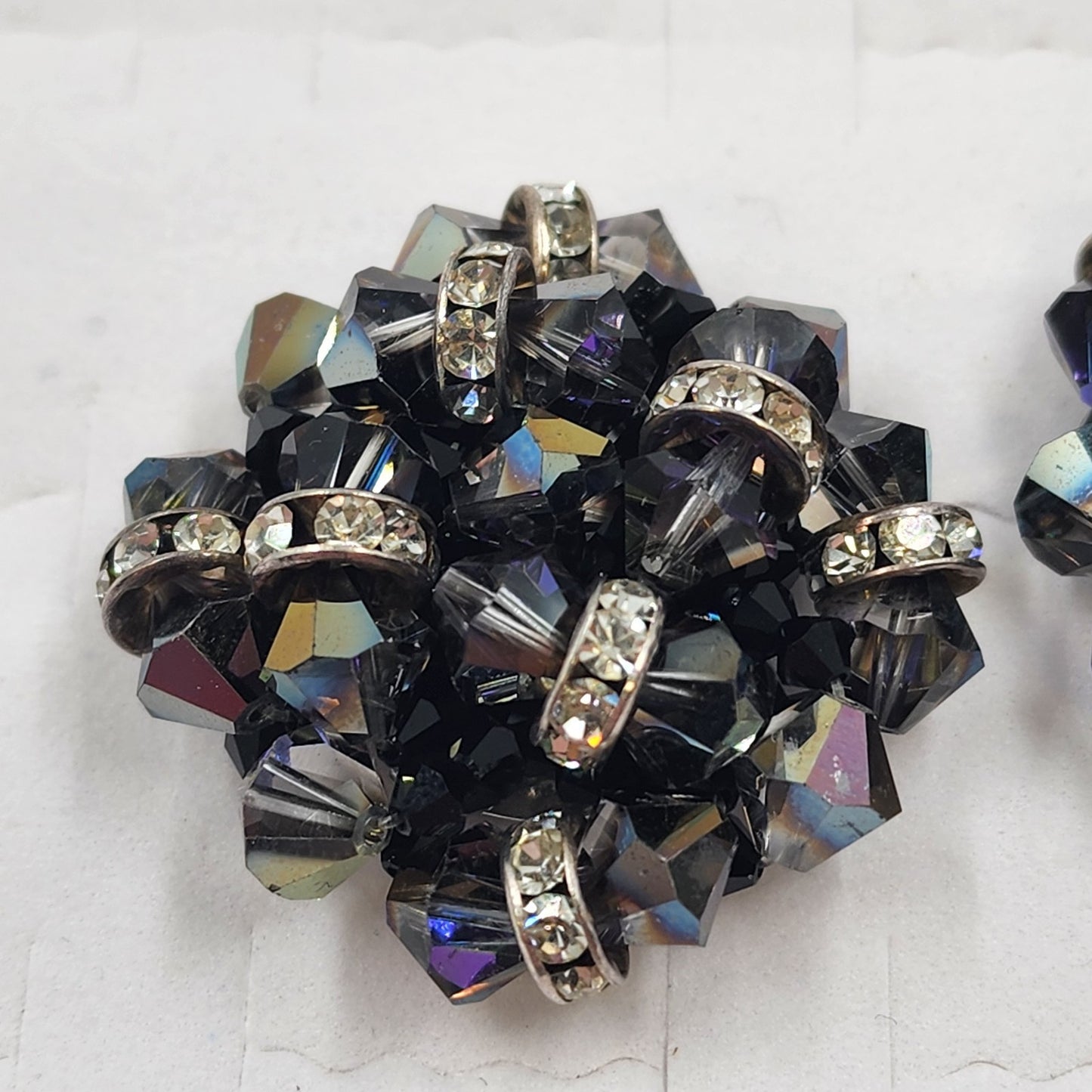 Deep Purple Bead & Colorful Rhinestone Clip Earrings Vintage 1.5” Statement