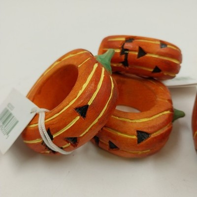 Set of 6 Gallerie II Pumpkin Jack O’Lantern Halloween Wood Napkin Rings 3"dx1"h