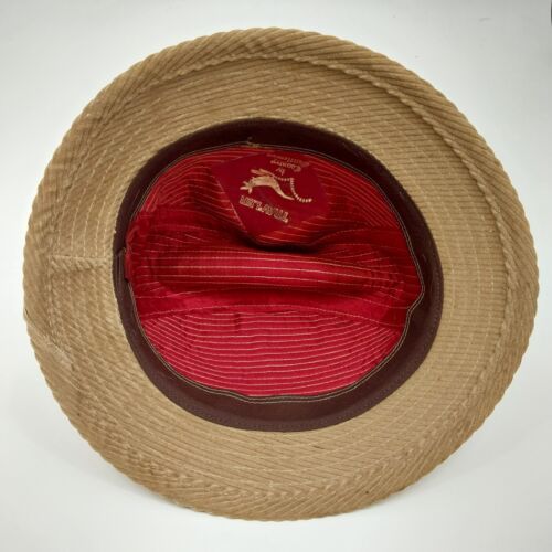 Country Gentlemen Trav'ler Tan Corduroy Fedora Hat w/Black Lined Feathers 11"