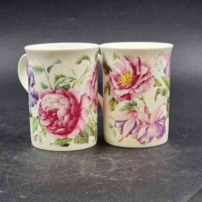 2 Crown Trent Coffee Mug Tea Cups Pink Peony & Pink Roses Bone China England
