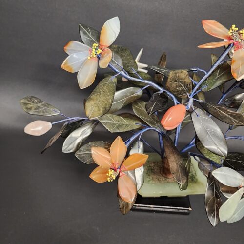 Japanese Bonsai Glass Tree Clay Pot Figurine Leaves Pastel Flowers Wood Base Vtg