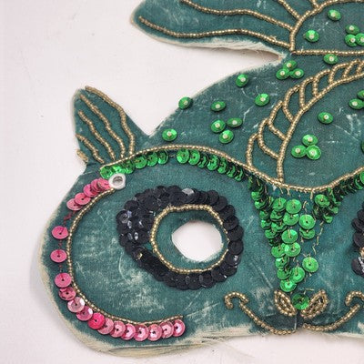 Hand Sewn Vintage Mardi Gras Green Fish Mask Sequins Beads