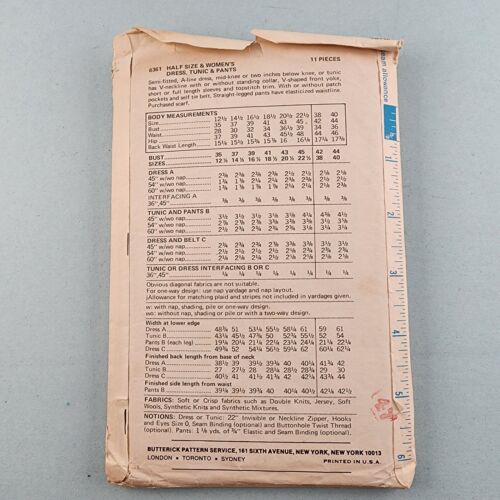 Butterick 6361 Vintage Sewing Pattern Women's ½Sz Dress Tunic Pants Size 18½