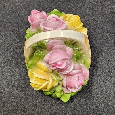 Porcelain Basket w Handle 5"h Pink Yellow Rose Bouquet 2 pcs Trinket Box Germany