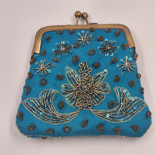 Indian Coin Purse Brass Clasp Outline Stitch Sequins and Glass Beads Vintage 4"w