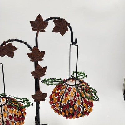 2 Beaded Pumpkin Tea Lite Holders Home Interiors w Free Standing Metal Stand NOS