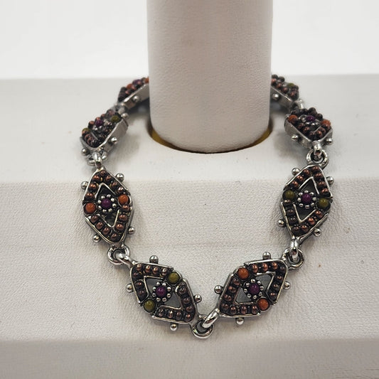 Diamond Chain w/ Orange Brown Beaded Quartz Silver Tone Magnetic Bracelet 7"