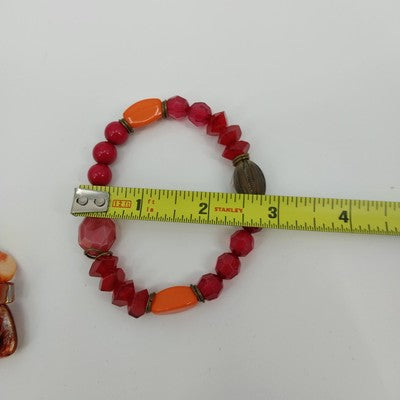 Set of 2 Bracelet Orange Marbled Red Faceted Faux Pearl Beaded with Gold Tone 7"