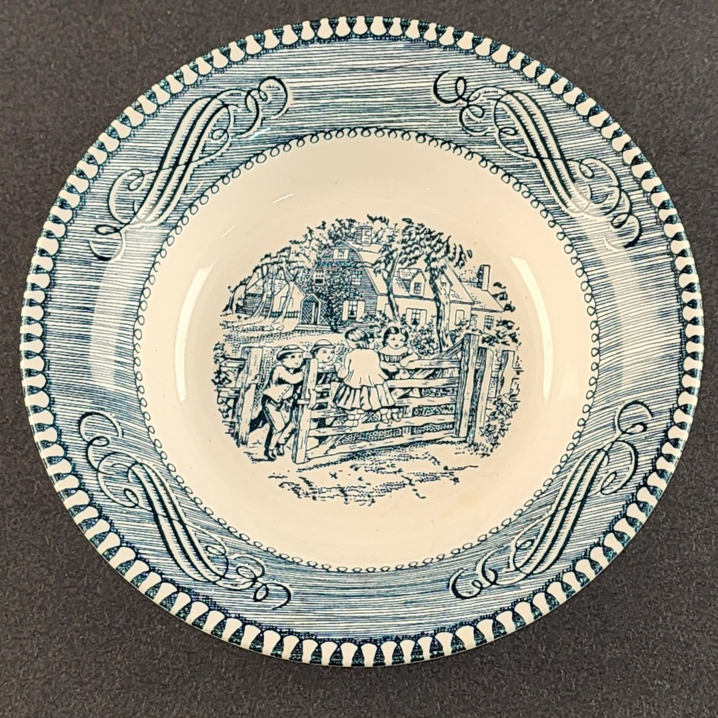 Currier and Ives Blue 5¾" Fruit Dessert Bowl by Royal Old Farm Gate Image USA