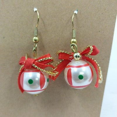 Christmas Ornament Ball Earring Red Striped Green Dot Bow Gold Tone Hook Holiday