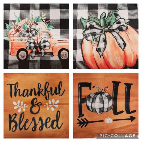 Set of 4 Fall Pillow Shams Pumpkin Harvest Buffalo Plaid Orange Cases