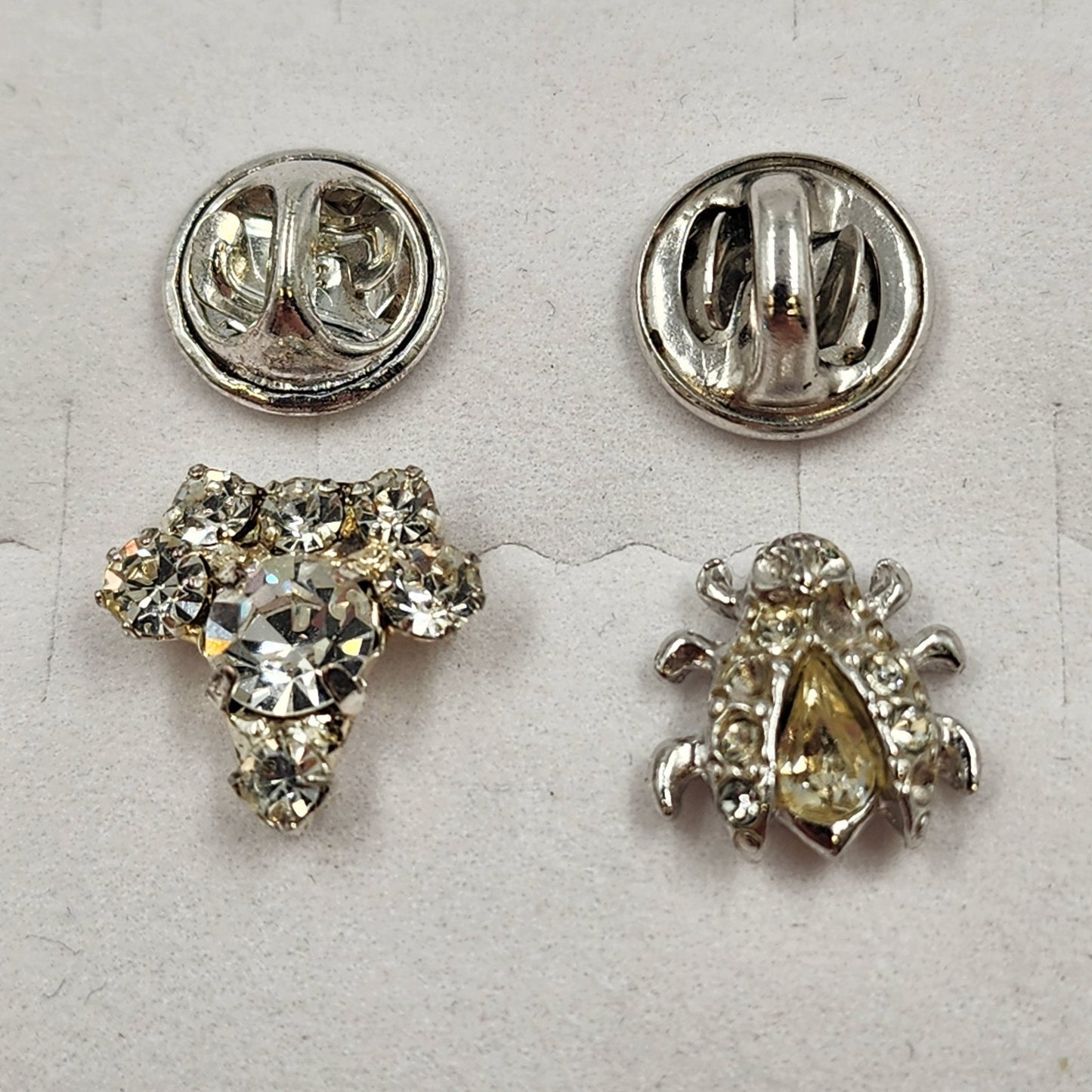 Set of 2 Rhinestone Lapel Pins Silver Tone Ladybug & Cluster Brooch 0.5" Long