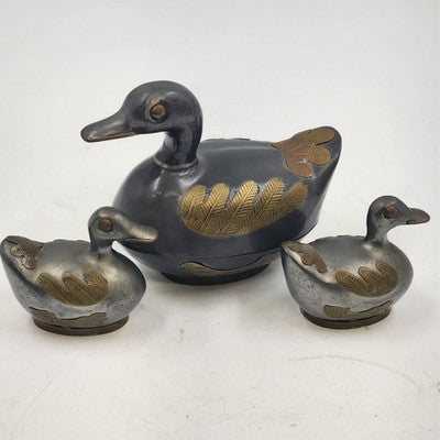 3 pcs Pewter & Brass Duck Family Large & Small Trinket Box Dish 1990s China
