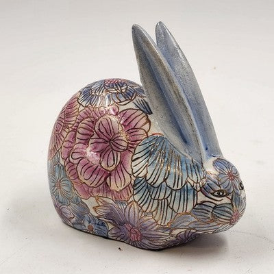 Ethan Allen Home Collection Ceramic Bunny Rabbit Figurine Pink Blue Floral 6"x3"