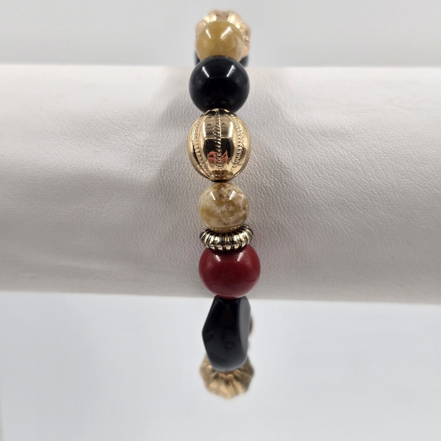 Set of 2 Stretch Bracelets Gold Tone Enamel Black Red Beige Faux Pearl Beads 7"