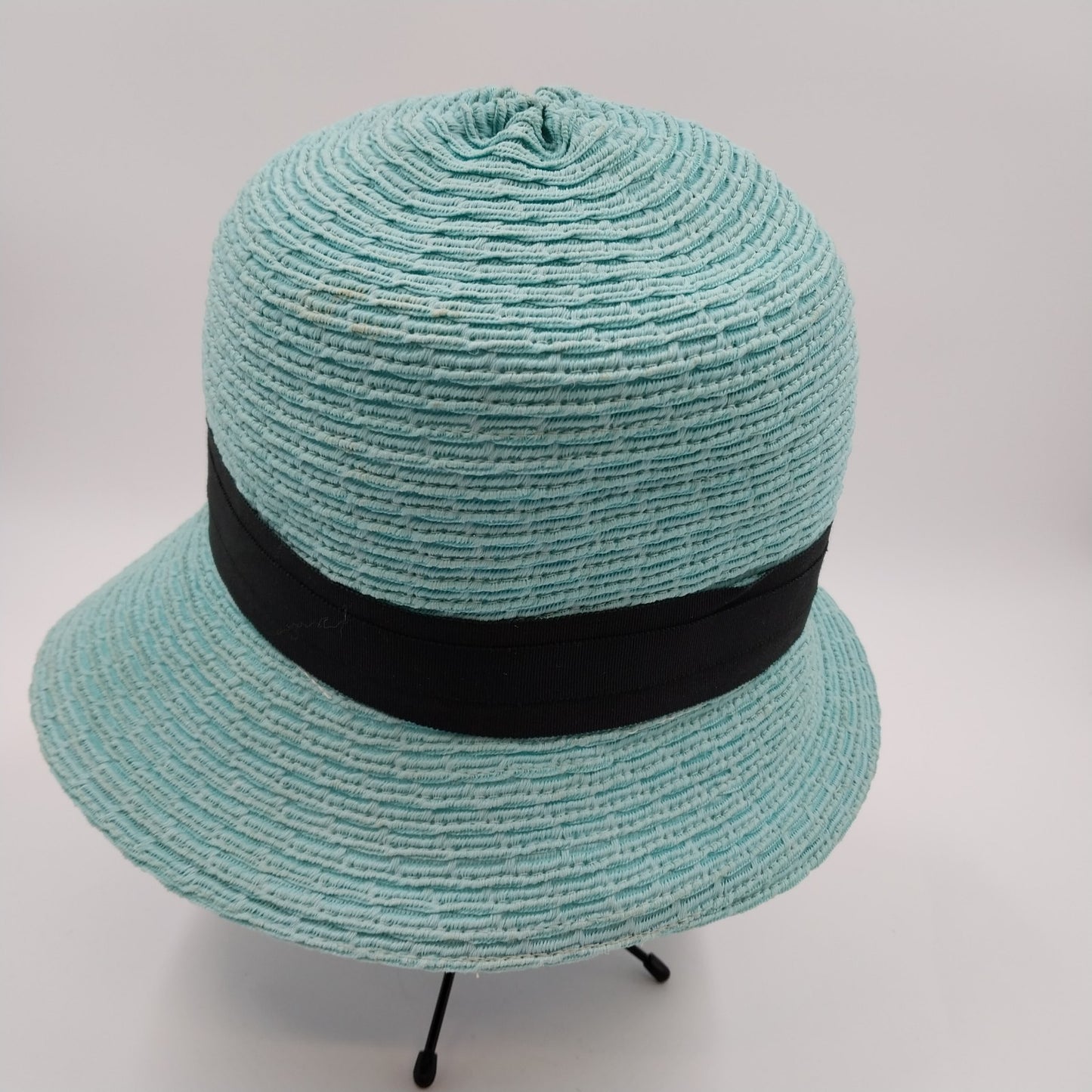 Rike's Light Blue Teal Woven Paper Straw Summer Hat with Black Ribbon Bow Accent