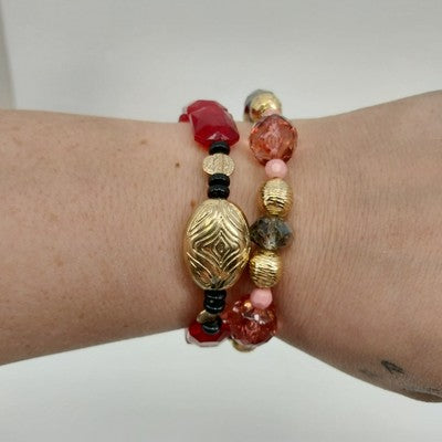 Set of 2 Bracelets Faux Pearl Multicolor Faceted Beaded w/ Gold Tone Stretch 7"