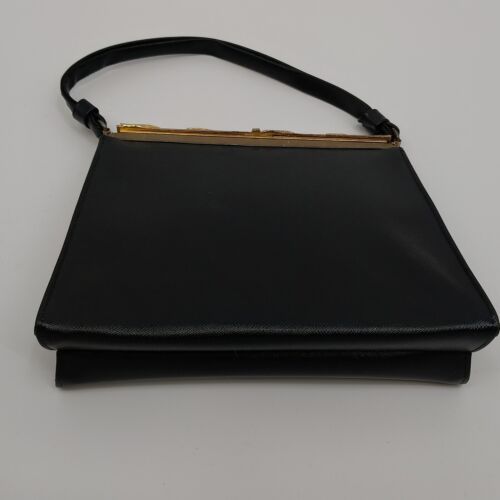 Black Handbag Vintage w Coin Purse Rhinestone Metal Clasp Closure 8"